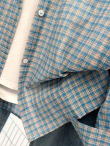 YUXIN 女士格子领纽扣前襟长袖落肩长衬衫，带口袋 - 桔藍色 - 查看 11