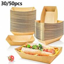 Yocity 30/50pcs Kraft Paper Food Trays Heavy-Duty Paper Food Boat Disposable Serving Basket Tray For French Fries Nachos Snack Hot Dog Taco BBQ Popcorn Party Picnic Wedding Party Brown