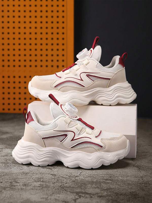 1 Pair Children Kids Mesh Breathable Low-Top Rotary Buckle Patchwork Casual Sports Shoes, Thick Sole Chunky Sneakers, Non-Slip Wear-Resistant Running Shoes For Teenagers, Suitable For Outdoor Activities And Daily Outfit