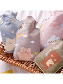 1pc Cartoon Print Water Injection Hot Water Bottle, 300ml, Flocked PVC Material