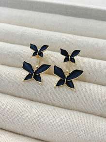 1 对简约优雅的优质蝴蝶耳钉，时尚百搭的设计适合女士节日和日常佩戴 - 黑色 - 查看 2