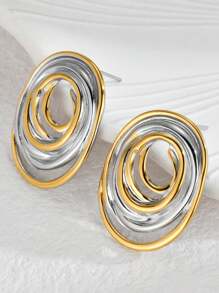 High-End Two Tone Earrings Mix Silver Color And Gold Color Stainless Steel Oval Line Stud Earrings Exaggerated Gold Color Party Earrings Women Simple Jewelry Accessories