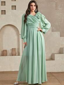 Women's Solid Color Cross V-Neck Pleated 3D Flower Puff Sleeve Dress - Green - View 5