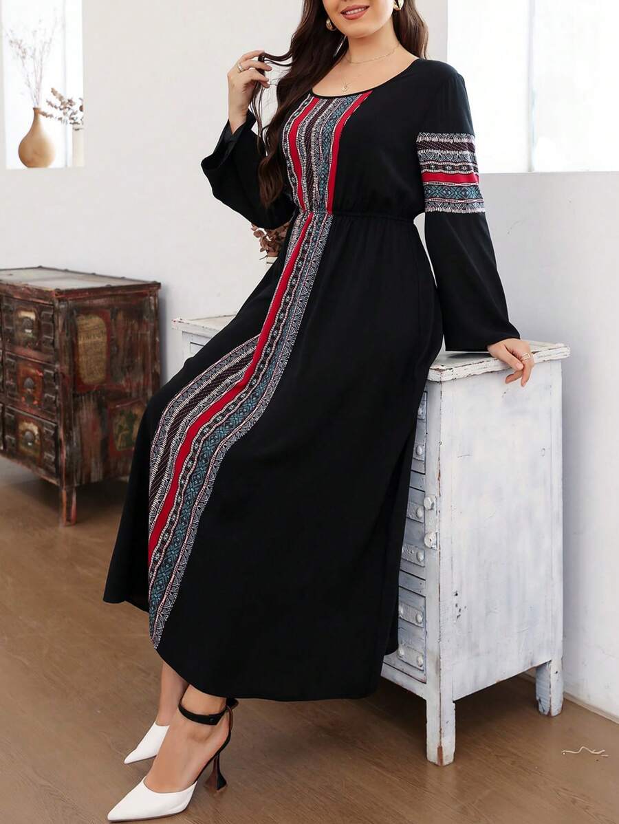 Plus Size Women Striped & Ditsy Floral Round Neck Flared Sleeve Arabic Style Long Dress,Modest - Black - View 1