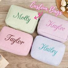 Embroidered Name Makeup Bag, Custom Makeup Bag, Travel Essentials, Corduroy Makeup Pouch Custom, Sanitary Napkin Storage Bag, Bridal Shower Gift,Travel Makeup Bag, Personalized Storage Bag, Makeup Bag, Travel Accessories Multi-Functional,Space-Saving,Letter,Striped Exquisite,Stylish,Tidy,Contracted,Casual,Basics Unique Treasurefinds,Girls Gift,Holiday Gift Ideal Gifts For Her Girlfriend,Family,Friends For Anniversaries