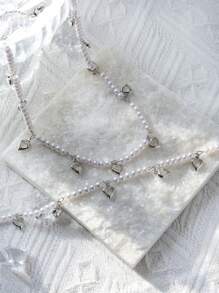 1pc Elegant Cubic Zirconia Stainless Steel Heart Shaped Charm ABS Beaded Necklace For Women Bridesmaid Wedding Jewelry - White and Steel - View 4