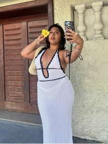 FOR BEAUTY Women's Plus Size Spring And Summer New White Backless Hanging Collar Sleeveless Knitted Sweater Dress, Women's Music Festival Holiday Fashion,Bohemia Elegant White Long Dress - White - View 4