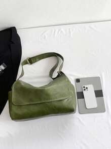 Retro PU Leather Crossbody Bag, Large Capacity Shoulder Bag, SolidColor Tote Bag For Women - Green - View 6