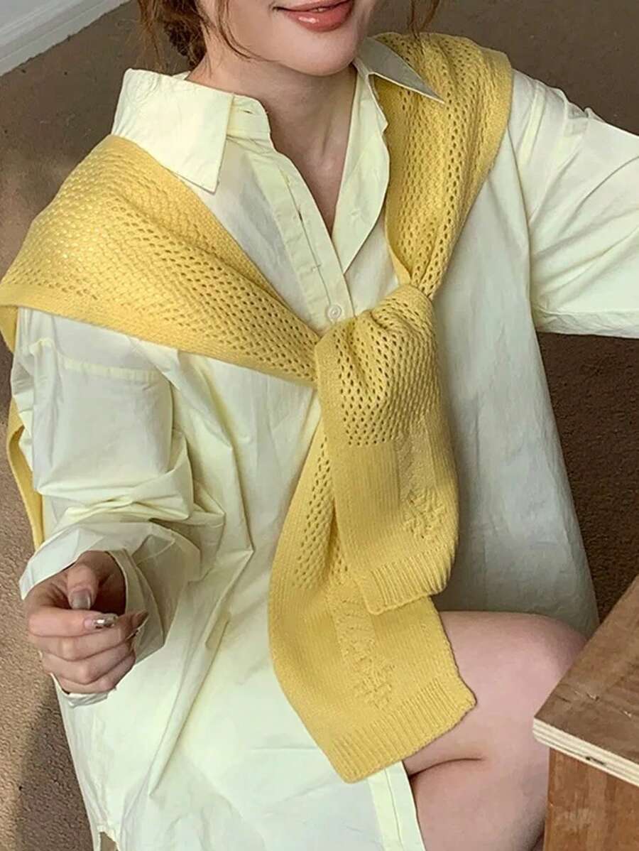 1 件女式轻质针织扭领披肩开衫，适合夏季空调房间的多功能装饰配件 - 黃色 - 查看 1