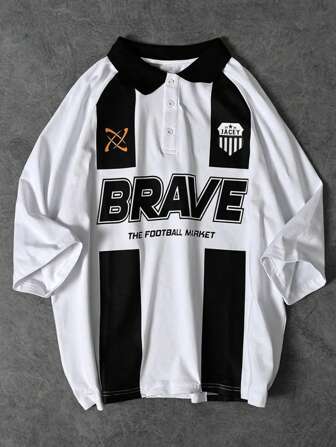 休闲套头短袖 Polo 衫，字母和条纹拼色设计学院风男士上衣，适合夏季