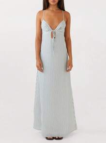Womens Summer Long Dress Sleeveless Spaghetti Strap Tie-Up Front Loose Dress Back Cutout Dress - Màu xanh nhạt - Xem 1