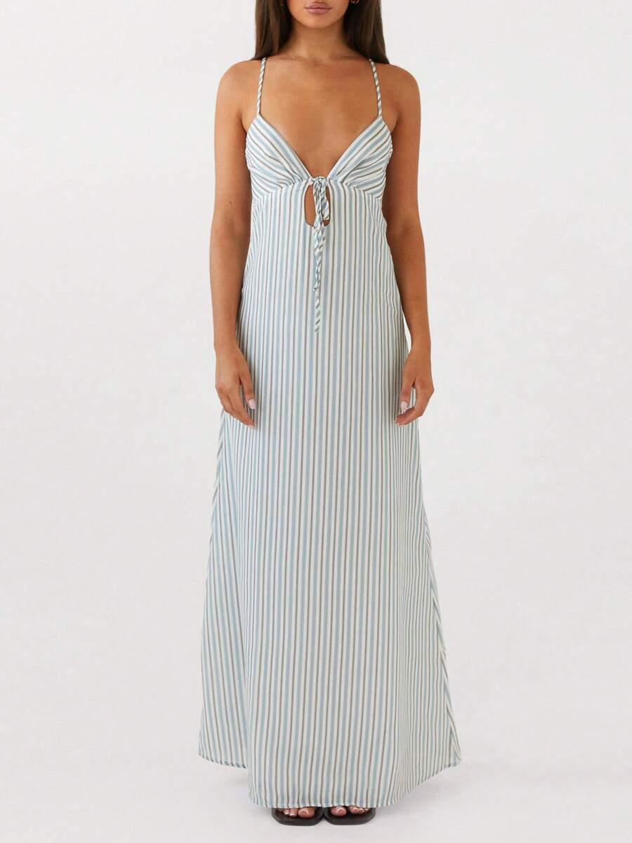 Womens Summer Long Dress Sleeveless Spaghetti Strap Tie-Up Front Loose Dress Back Cutout Dress - Màu xanh nhạt - Xem 1