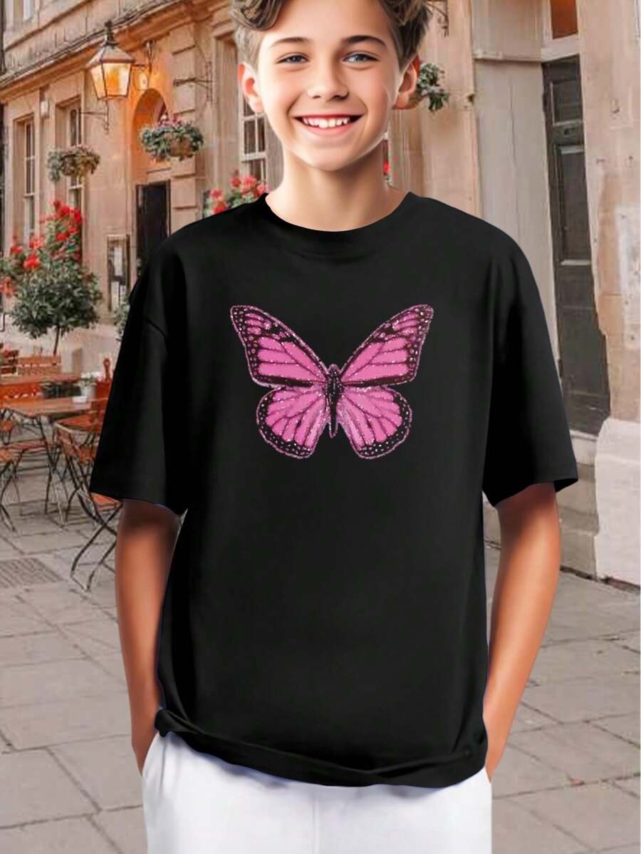 Kids Butterfly T-Shirt - Pink Monarch Butterfly Graphic Tee For Girls Boys - Cute Summer Clothes Casual Daily Wear Butterfly Gift - Youth Sizes - 黑色 - 查看 1