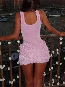 Sleeveless U-Neck Backless Frill Trim Body-Con Short Dress - Pink - View 5