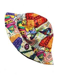 1 pieza Sombrero de cubo reversible con estampado aleatorio para hombres, sombrero de ala ancha transpirable que protege del sol