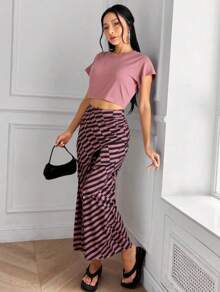 Nuevos conjuntos elegantes para las fiestas de primavera/verano: conjunto de dos piezas con top descubierta de cintura lisa y falda larga de cintura alta. - Rosa - Ver 2
