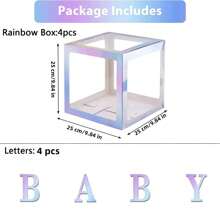 银色气球盒，带字母，适用于 B-A-B-Y 派对，1 个盒子带 1 个字母或 1 套 4 件套盒子和 B-A-B-Y 字母，生日派对派对淋浴装饰，透明气球盒，适用于生日派对、新娘送礼会、性别揭示、气球盒装饰