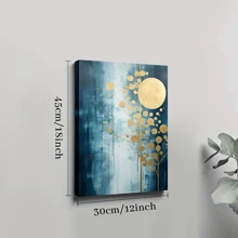 1pc Framed Canvas Poster, Blue - And - Gold - Moon - Tree - Abstract Wall Art Canvas Paintings, Ideal Gift For Bedroom Living Room Corridor, Wall Art, Room Decoration