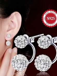 1 Pair S925 Sterling Silver Double Snowball Stud Earrings, Sparkling, Suitable For Party, Banquet, Wedding, Shining Double Snowball Earrings