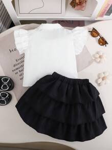 Young Girl's Cute, Stylish Bow Decor White Blouse & Black Pleated Skirt Set, Suitable For Summer Outing, Party, Commuting, Outdoor, And School - White - View 3