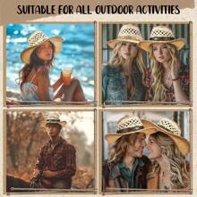 1 Hat And 4 Decorations Unisex Bead Decor Cowgirl Hat Hollow Out Summer Travel Shade Fedora Cowboy Hat Dyeing Wide Brim Printed Breathable With Beaded Trim Band Hand Woven Beach Hat Sun Hat Straw Hat - 米色 - 查看 6