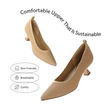 Women's Pointed Toe Kitten Heels Work Pumps Comfortable Knitted Closed Toe Dressy Wedding Shoes With Supportive Insole - 米色 - 查看 2