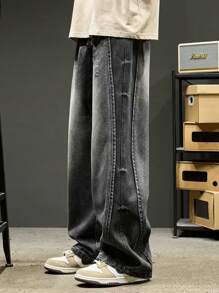 1 Stück amerikanischer Streetwear Stil Washed Patchwork Design Loose Fit Weite Bein Herren Jeans