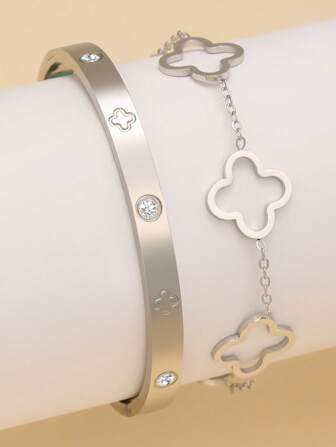 2 件时尚不锈钢经典四叶草锆石手链，适合女性日常佩戴、节日礼物