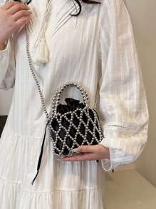 French Ladylike Handmade Woven Beaded Satchel Handbag, Pearl Decor Shoulder Crossbody Bag, Unique Small Hollow Rhombic Mesh Bucket Bag Design For Summer
