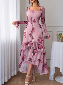 Vestido largo de manga larga con volantes y estampado de rosas en dos capas, elegante y sexy, estilo Y2K romántico, para vacaciones y primavera, color rosa - Rosa - Ver 5