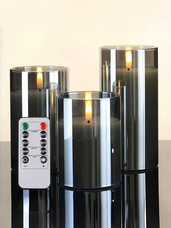3 件无焰玻璃蜡烛，电池供电蜡烛，带遥控器和定时器的 LED 柱状蜡烛，假蜡烛，灰色，D3 英寸 H4 英寸 5 英寸 6 英寸，3 件套装