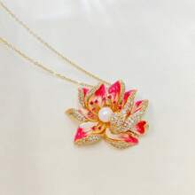Stunning Enamel Red Lotus Pendant Necklace On Gold Chain, Embellished With Pearl And Cz - Pink - View 5