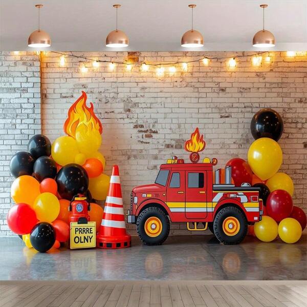 1pc Fire Truck Party Backdrop With Flashing Flames & Fairy Lights - Reusable Brick Wall Decor Suitable For Birthday, Anniversary & Celebration Events - Indoor/Outdoor Use - Polyester Material - Great For Themed Parties & Events