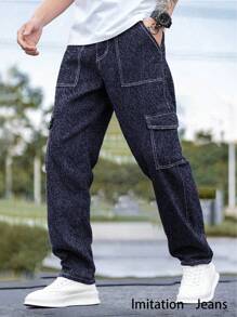 1pc Teen Boys Vintage Casual Avant-Garde Minimalistic Denim Effect Multi-Pocket Cargo Pants, Suitable For Spring/Summer/Autumn/Winter - Blue - View 2