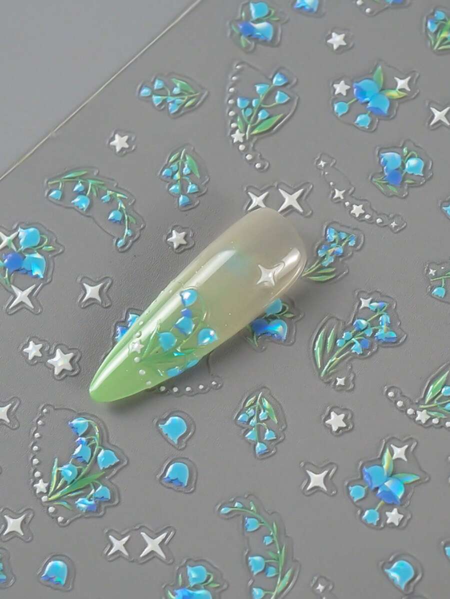 蓝色风铃草指甲贴，金箔系列，带粘性背衬