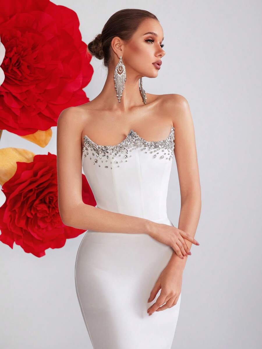Elisanya Vestido de baile com strass, cintura alta, costas nuas, amarração e fenda, para baile de formatura, festa, noite, vestido de festa, vestido para convidada de casamento, vestido formal, vestido de noite - Branco - Ver 1