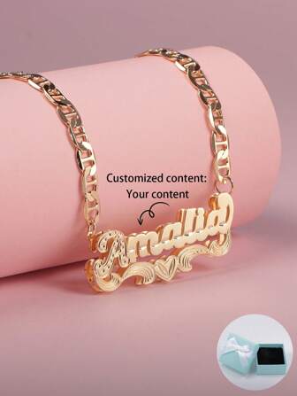Personalized Double Layered Hip-Hop Style European & American Name Necklace With Customizable Text, Featuring First Letter & Heart Shaped Cutout Flowers, Unique Japanese Chain, Perfect For Her Girlfriend, Mom, Family, Friends, Daughter For Anniversaries