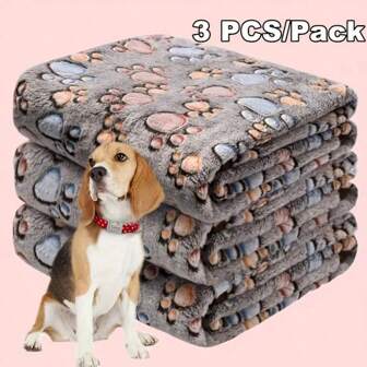 3pcs/Pack Cat Blanket & Dog Crate Mat, Suitable For All Seasons, Paw Print Fleece Blanket, 1pc Blanket