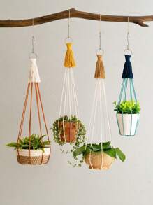 1 szt. wieszak na rośliny makrama, wisząca dekoracja w stylu boho do roślin pnących, ręcznie robiony kolorowy frędzel doniczka do kwiatów wiszący na sznurku wewnątrz - roślina i doniczka nie są dołączone