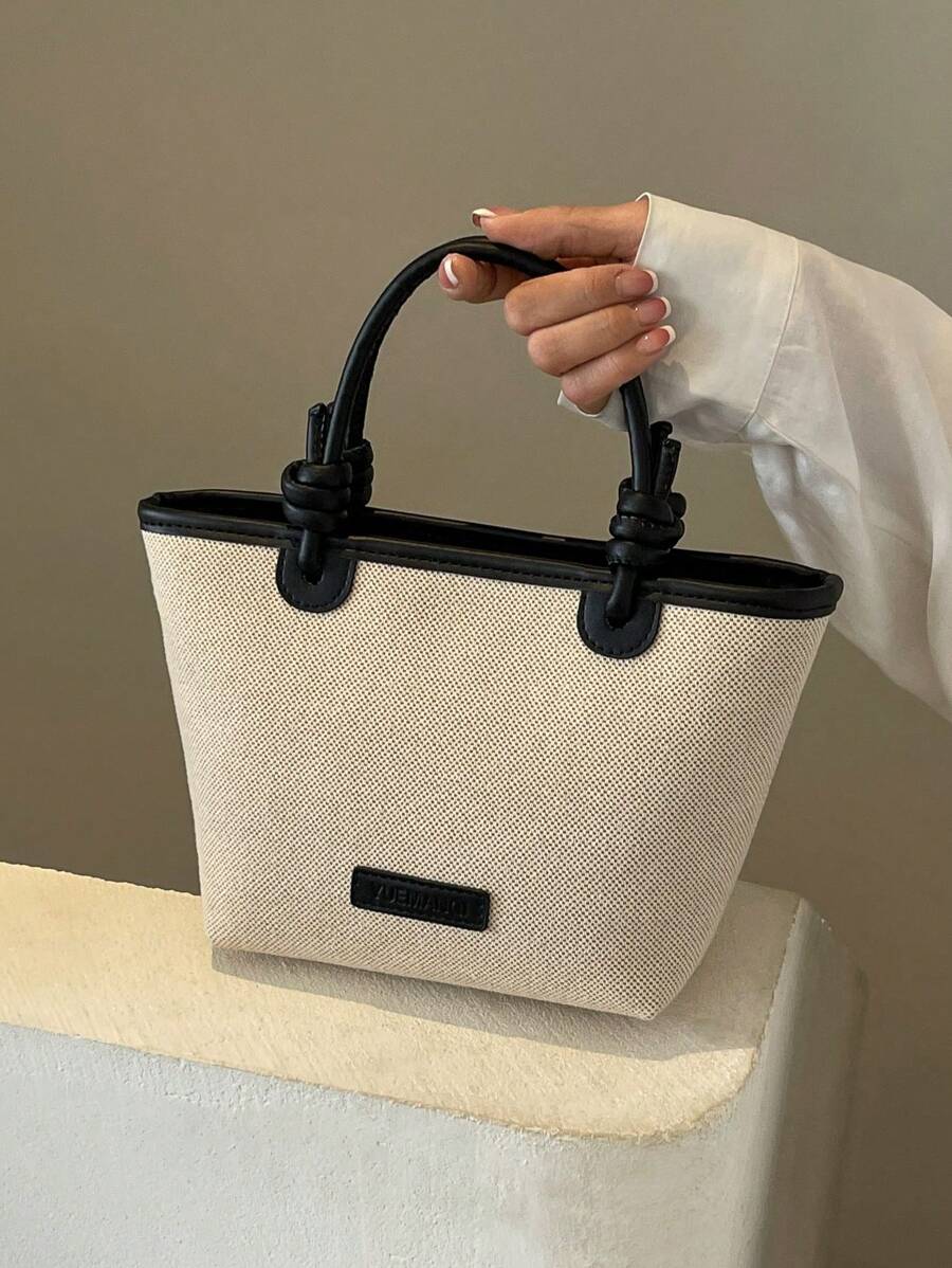 休闲百搭帆布水桶包，女士手提包 - 黑色 - 查看 1