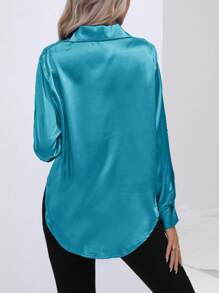 Women's Casual Turndown Collar Button Faux Silk Satin Solid Color Long Sleeve Blouse - 藍綠 - 查看 2