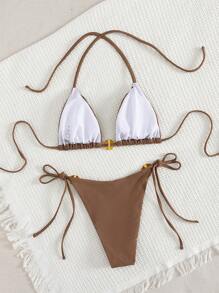 2025 Nouveau bikini sexy haute gamme à la mode de couleur unie pour femmes, maillot de bain deux pièces pour plage, piscine, croisière et fête - Gris - Voir 2