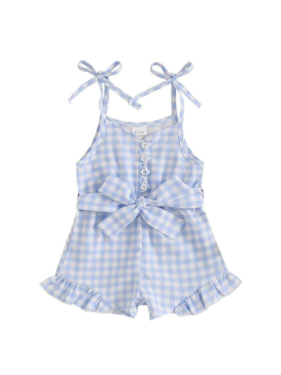 Little Girls Summer Cami Jumpsuit Sleeveless Button Up Ruffle Trim Plaid Overalls With Belt - Blue - View 1