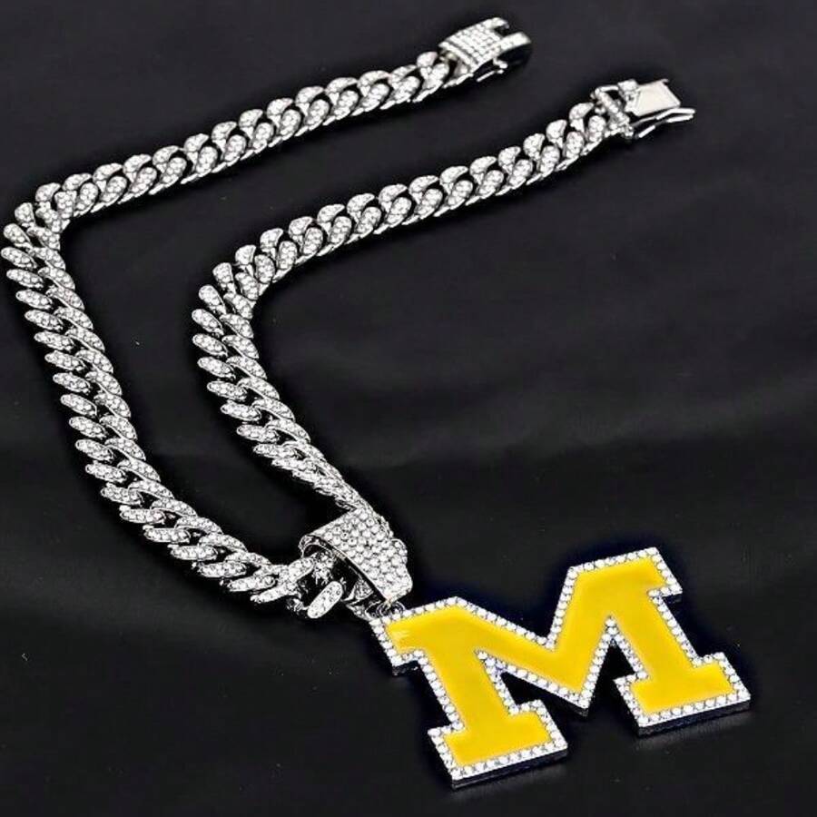 M Design Pendant Fashion Necklace, Rhinestone Decor Necklace For MIchigan Football Fans ,Hip Hop Jewelry For Party , All-Match & Exquisite Jewelry As Gift,Wolverines