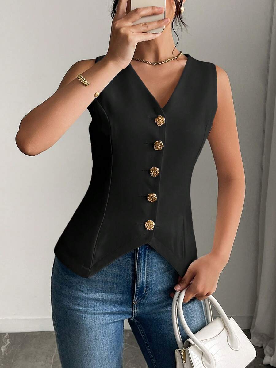 Neue minimalistisch geschnittene Weste mit V-Ausschnitt und Knopfdekor, passend für Bürodamen, vielseitig & elegante Arbeit-/Lässig weste