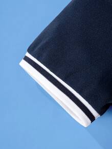 Young Boy Classic Casual Embroidered Contrast Trim Collar Short Sleeve Polo Shirt, Suitable For Daily, Group Travel, Gathering, Outdoor Activities - 藏蓝色 - 查看 7
