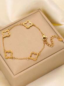 Shiny Fashion 4-Piece Stainless Steel Cubic Zirconia Clover Women Jewelry Set, Including Bracelet, Bangle, Necklace, Ring - Yellow Gold - View 13