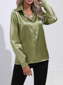 Women's Elegant Foldover Collar Single Button Imitation Silk Shirt, Solid Color Long Sleeve Fashion Blouse - 橄欖綠 - 查看 3