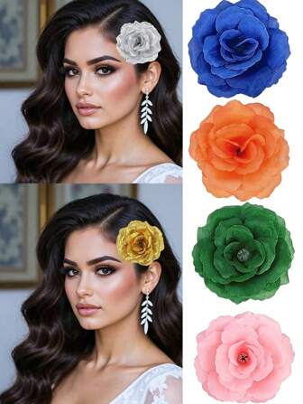 2pcs Women's Middle Eastern Eid Mubarak Gold, Silver, Green, Orange, Pink, Blue Rose Flower Hair Clips, Casual Bohemian Hawaii Beach Party Elegant Halloween Christmas Accessories, Festival Outfits For Women, Girly, Christmas, Hair Accerssories