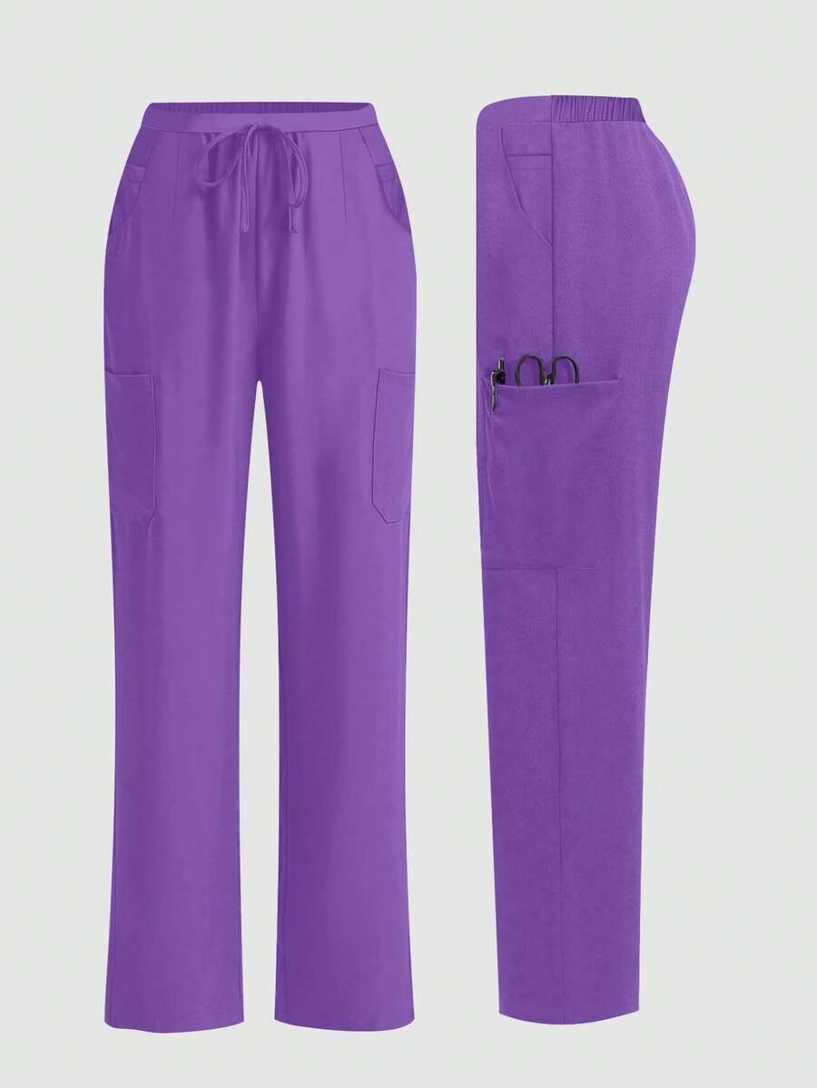 cimmuovere Women's Nurse Scrub Pants, Comfortable Solid Color Simple Multi-Pocket Scrub Pants - Purple - View 1